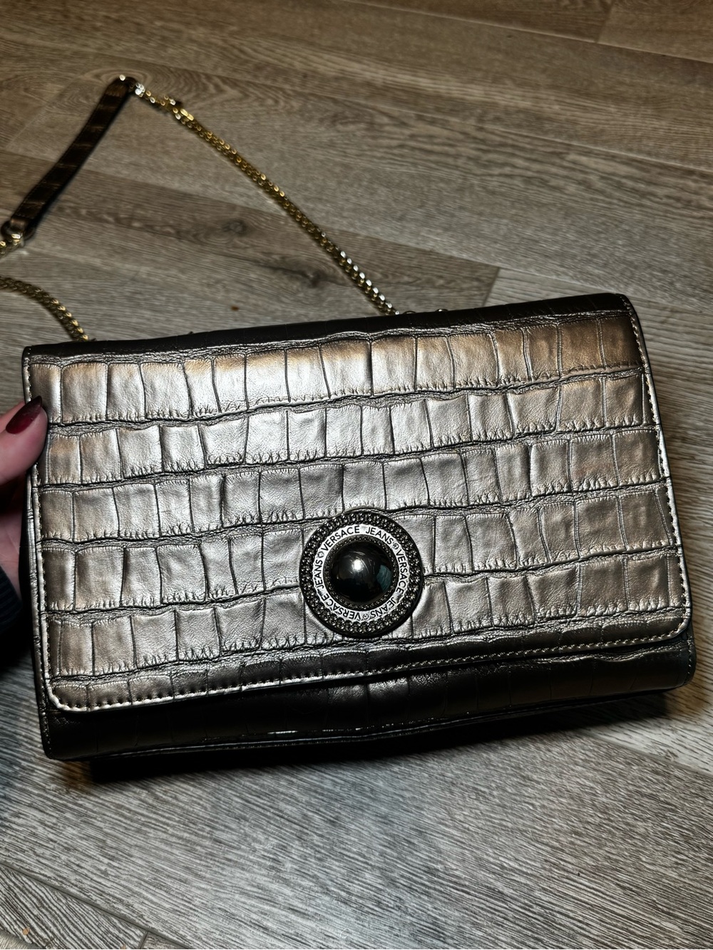 Versace Jeans Metallic Croc-Embossed Chain Shoulder Bag